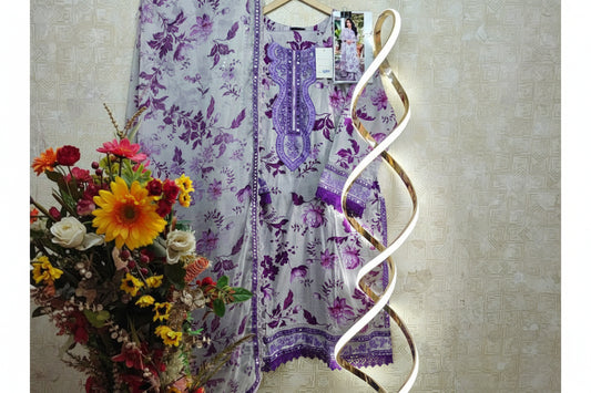 3 pc Lawn Suit with chiffon dupatta long sleeve Purple color