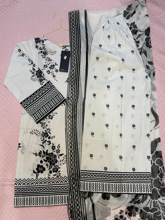 Hit Article Original Brand by Shaista Lodhi Monochrome Digital Printed 3pc Stitched Lawn fabric Chiffon Dupatta Medium Length Shirt