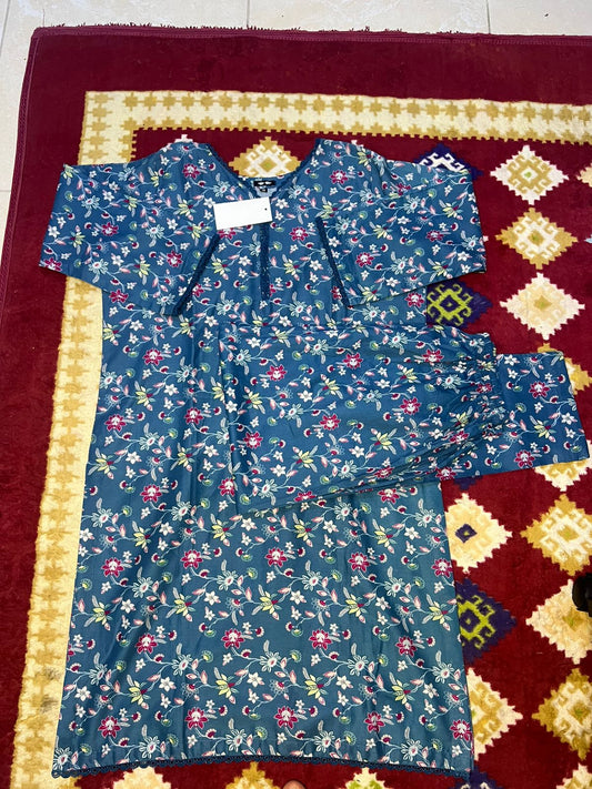 Full Sleeve Stitched 2 piece Printed Lawn Suit Floral Design Blue Color