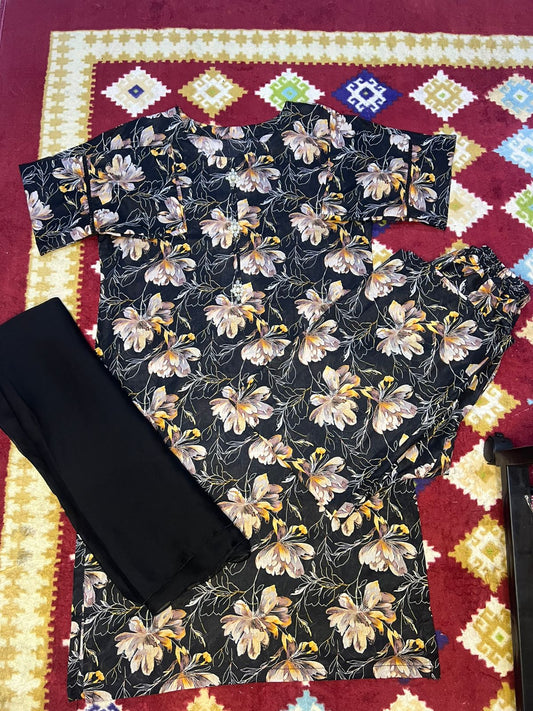 Black Lawn Suit with Floral Design Stitched