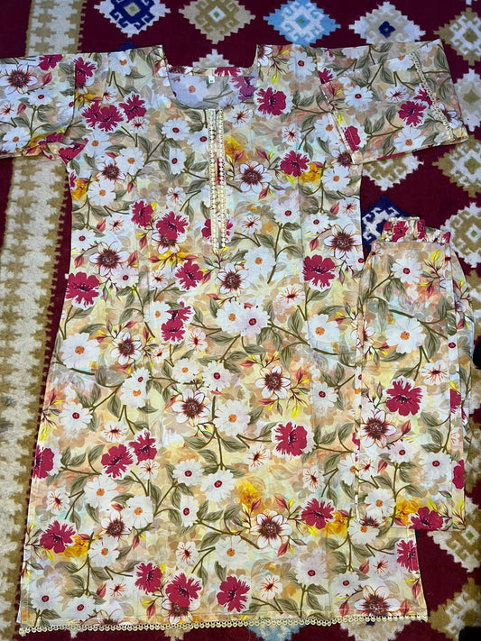 Full Sleeve Stitched 2 piece Lawn Suit Floral Design Multi Color