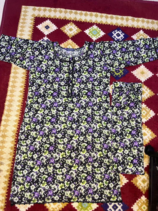 Long Sleeve Stitched 2 piece Lawn Suit Floral Design Black Color