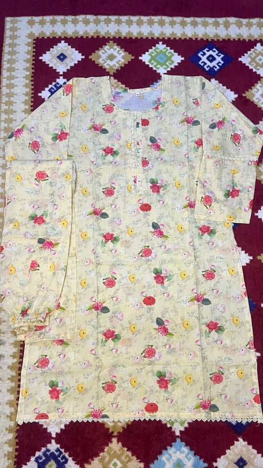 Long Sleeve Stitched 2 piece Printed Lawn Suit Floral Design Multi Color Cream Color