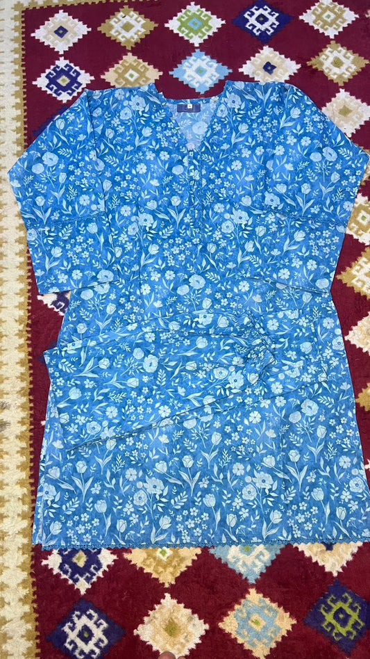 Long Sleeve Stitched 2 piece Printed Lawn Suit Floral Design Blue Color