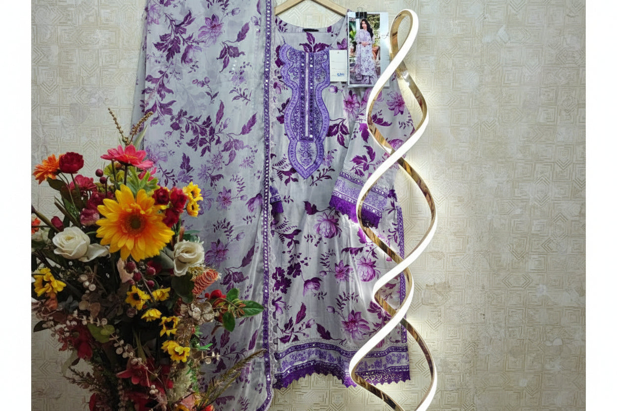 3 pc Lawn Suit with chiffon dupatta long sleeve Purple color