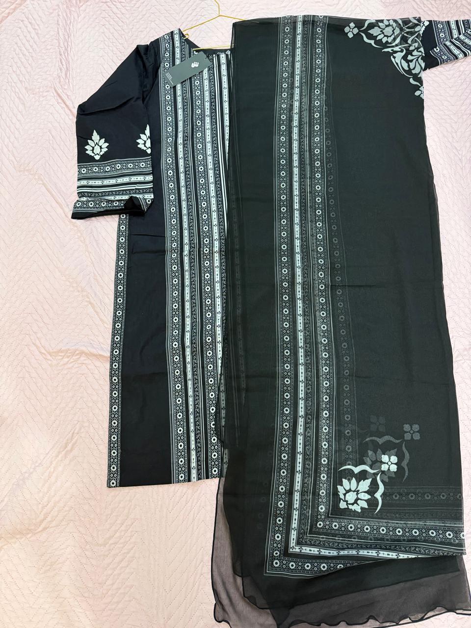 Hit Article Original Brand by Shaista Lodhi Monochrome Digital Printed  3pc Stitched Lawn fabric Chiffon Dupatta Long Shirt