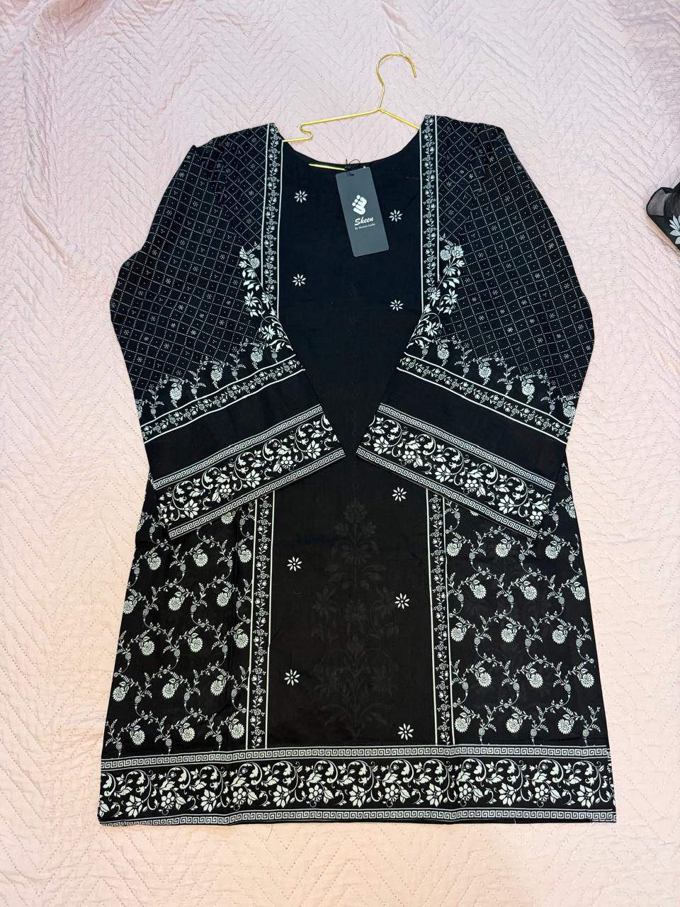 Hit Article Original Brand by Shaista Lodhi Monochrome Digital Printed  3pc Stitched Lawn fabric Chiffon Dupatta Medium Length Shirt
