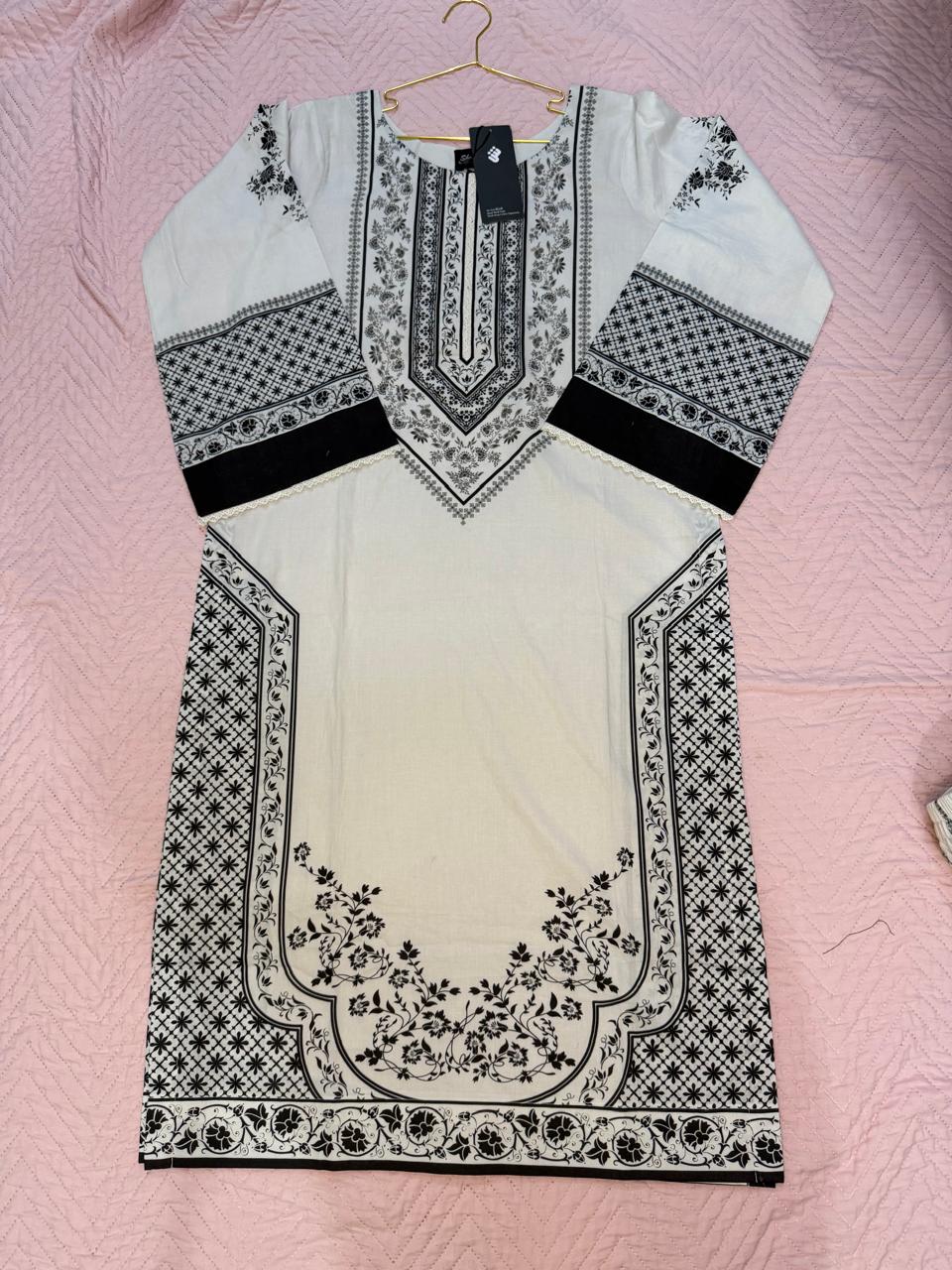 Hit Article Original Brand by Shaista Lodhi Monochrome Digital Printed  3pc Stitched Lawn fabric Chiffon Dupatta Long Shirt