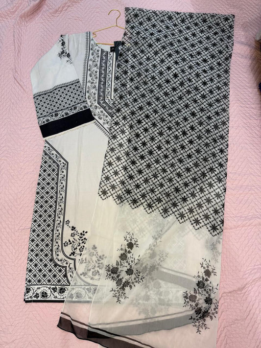 Hit Article Original Brand by Shaista Lodhi Monochrome Digital Printed  3pc Stitched Lawn fabric Chiffon Dupatta Long Shirt
