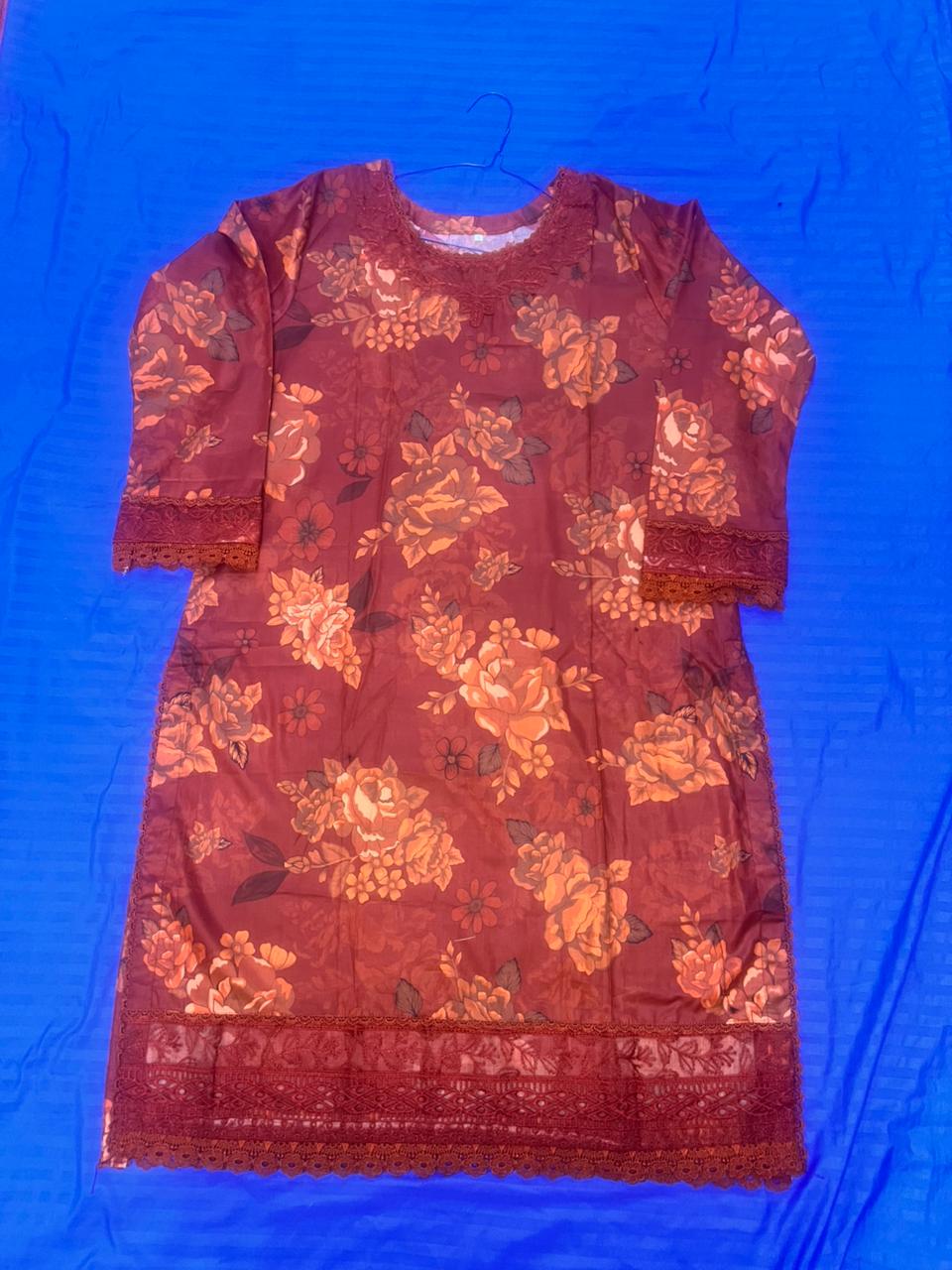 3 pc Lawn Suit with chiffon dupatta long sleeve Maroon color