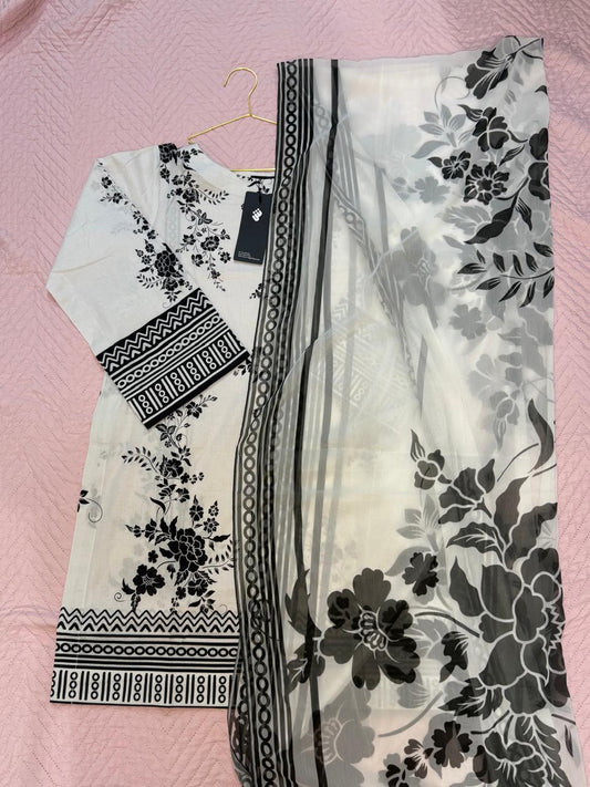 Hit Article Original Brand by Shaista Lodhi Monochrome Digital Printed  3pc Stitched Lawn fabric Chiffon Dupatta Medium Length  Shirt